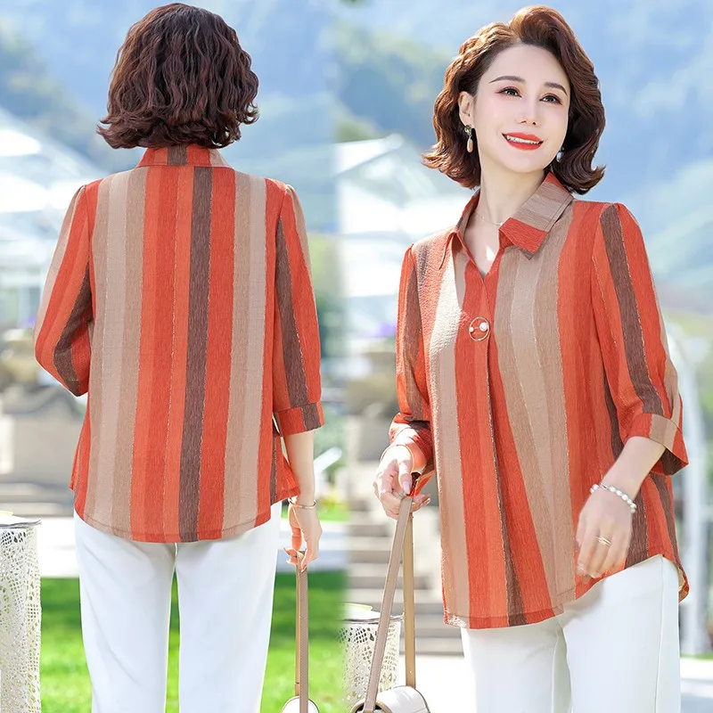 Elegant Women Spring Summer Chiffon Blouses Shirts Lady Casual Lapel Collar Half Sleeve Striped Blusas Middle Age Mother Tops