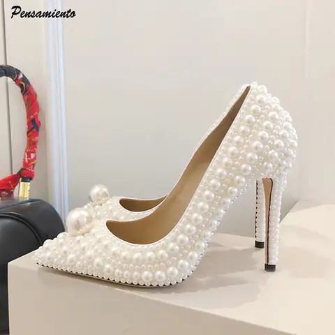 럭셔리 모든 perals 장식 화이트 여성 펌프 패션 봄 가을 우아한 11CM 얇은 하이힐 웨딩 신부 댄스 파티 신발