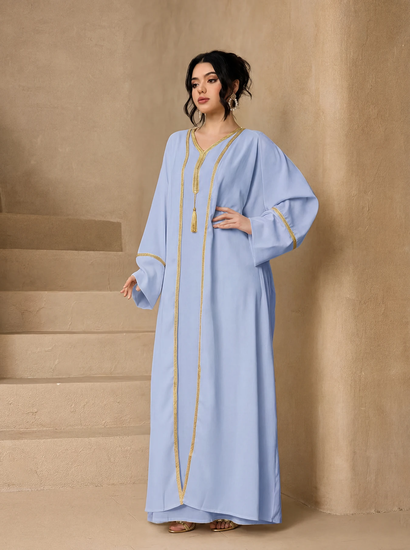 Gold Trim Tassel Open Abaya 3 Piece Set With Hijab Belt, Wide Sleeve Modest Maxi Dress Muslim Women Eid Wear