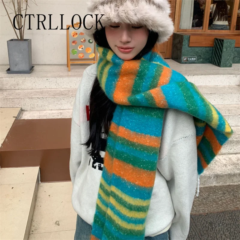 CTRLLOCK Cute Rainbow Stripe Tassel Thick Knitted Colorful Women Long Scarf Winter