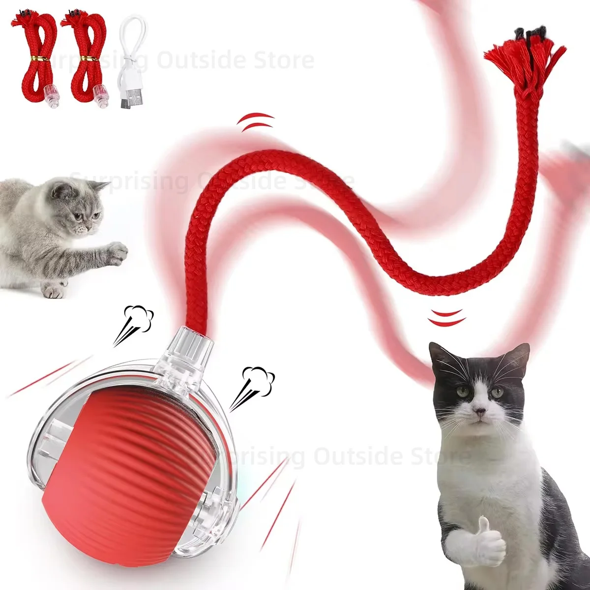 Interactive Cat Toys With Tail Auto Electric Rolling Ball Toys for Cats Dog Pets Smart Automatic Teaser USB Rechargeable