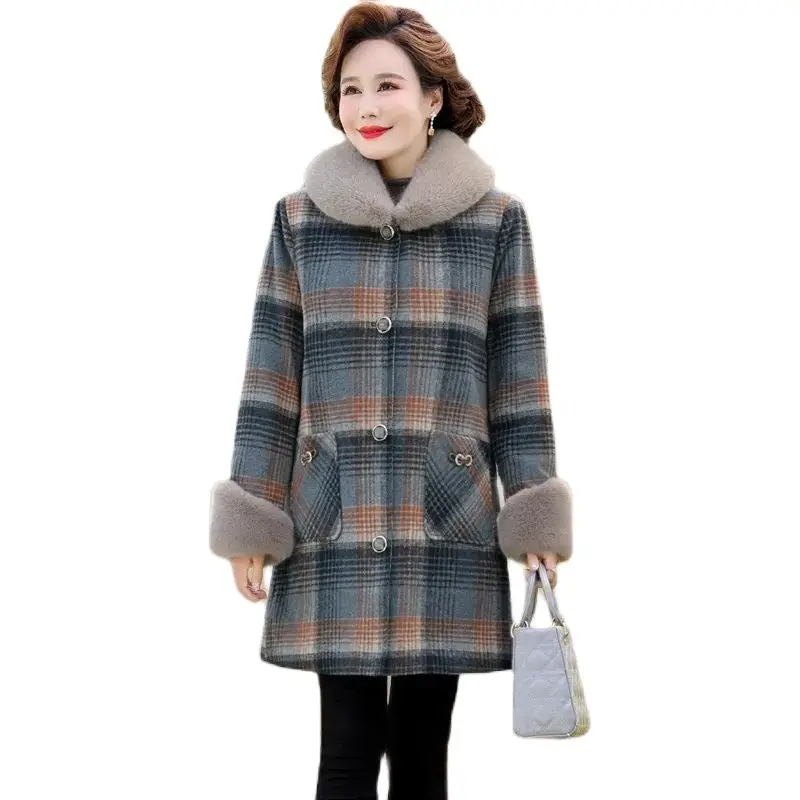 

Middle-Aged Women Mink Velvet Coat New Lattice Single Breasted Long Woolen Coat Female Warm Outerwear Autumn Winter Jacket 5XL