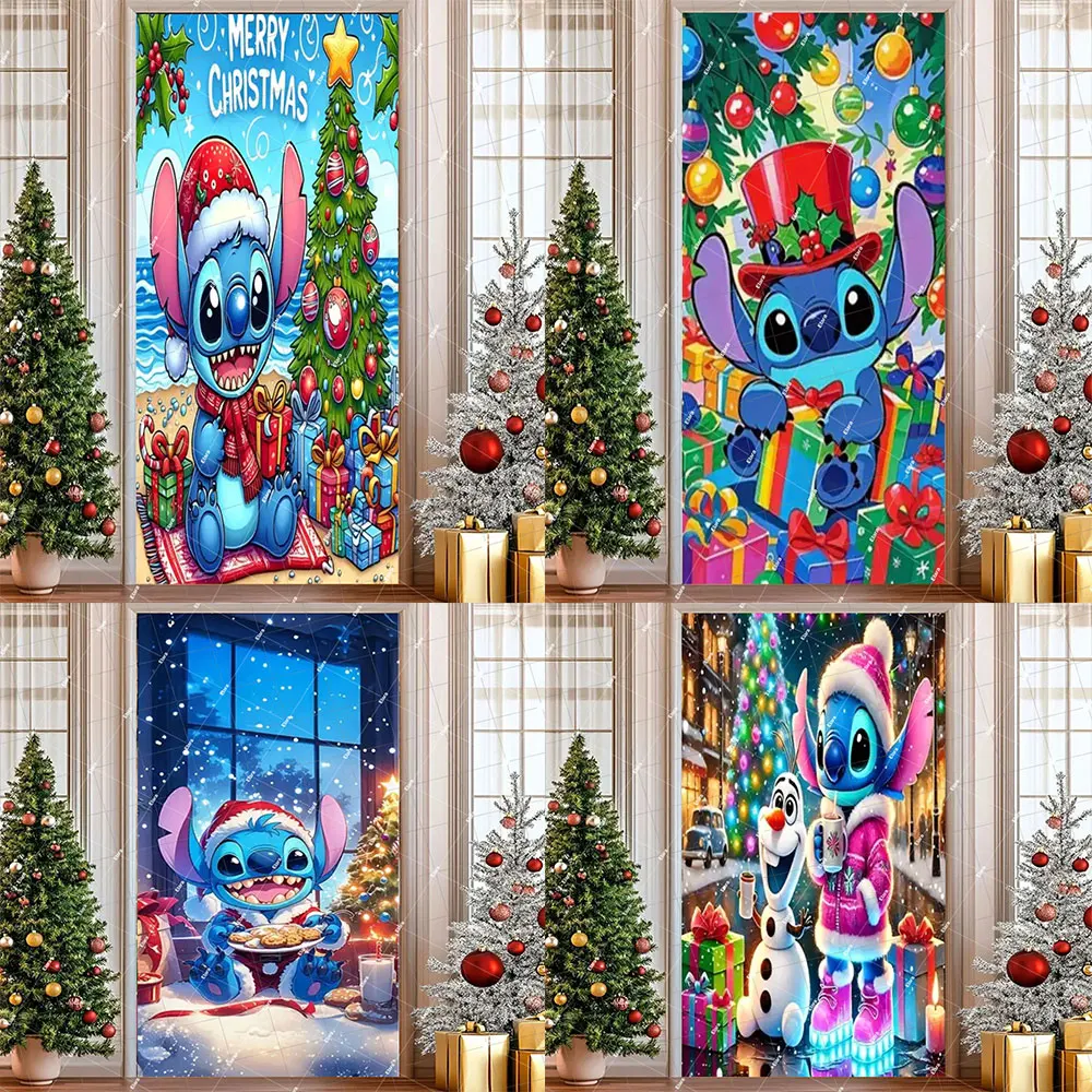 

1 pc Lilo&Stitch Christmas Halloween Birthday Door Cover Banner Xmas Hanging Banner for Indoor Porch Background Decor Supplies