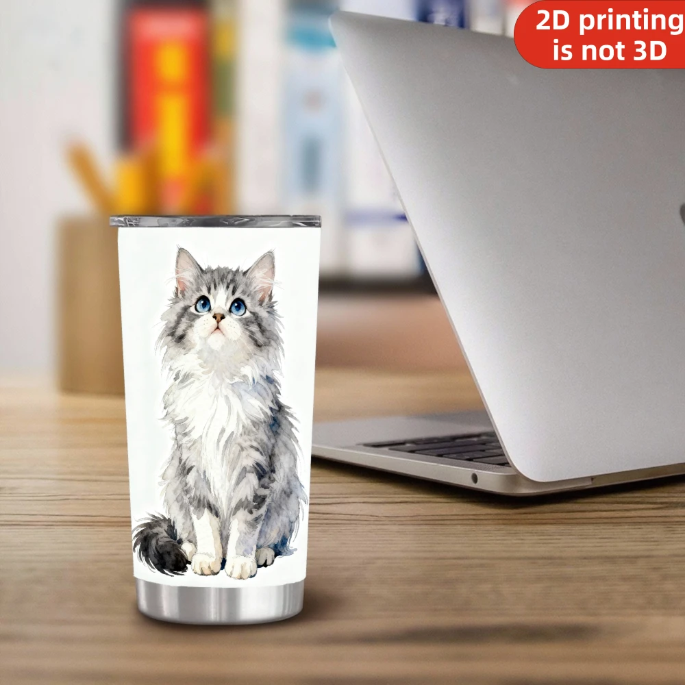 20oz Cute Fluffy Grey Cat Printed Stainless Steel Tumbler with Lid and Straw, Watercolor Longhair Kitten Blue Eyes Vacuum Insulated Travel Coffee Mug Gifts for Cat Lovers