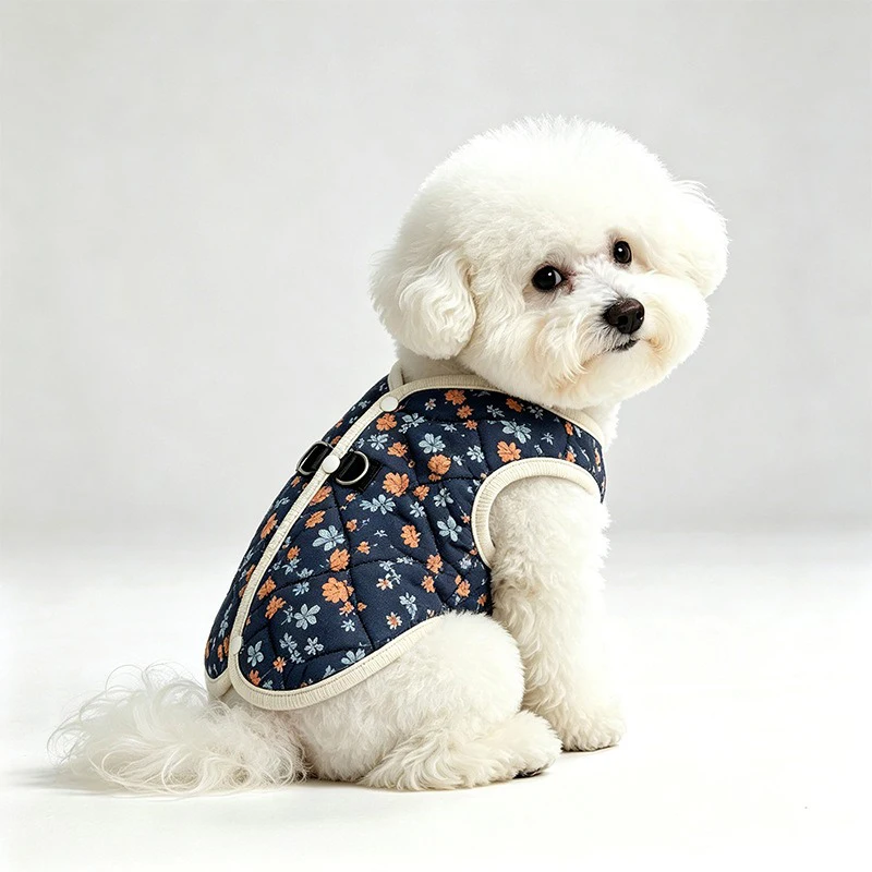 Yorkie Open-Back Padded Coat, Cute Floral Pet Vest, Warm Winter Clothes for Small Dogs with Traction Buckle