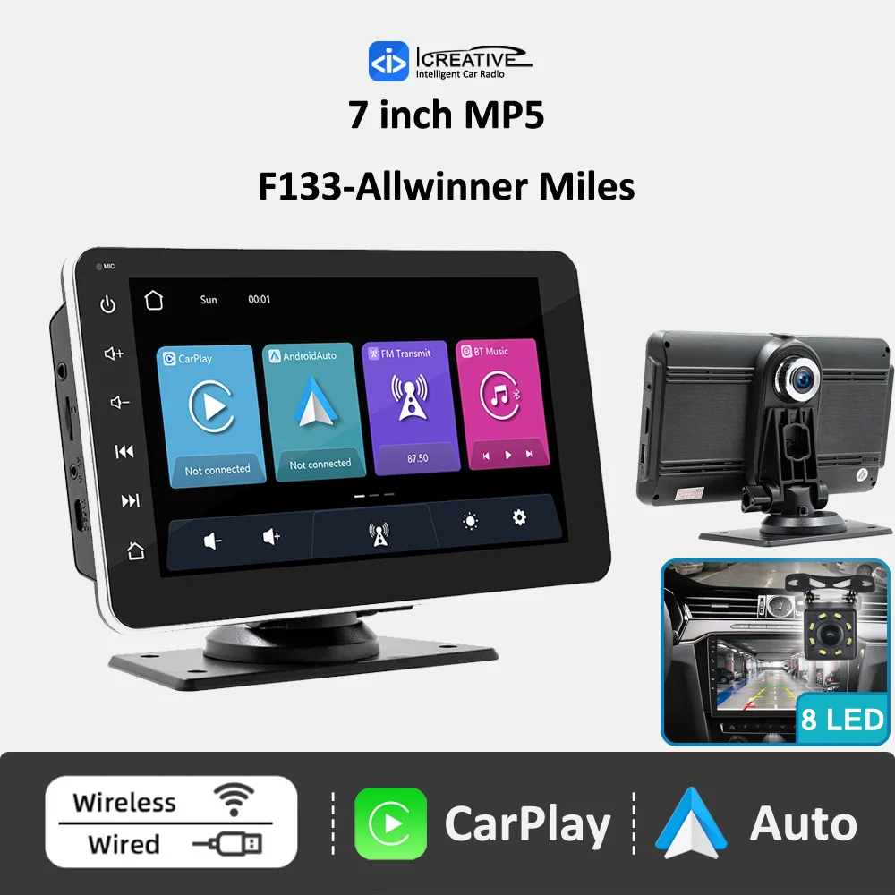 

Car MP5 Built-in DVR Display Portable Universal Automotive Multimedia Car Motorcycle Truck Taxi CarPlay Android Auto Rear Camera