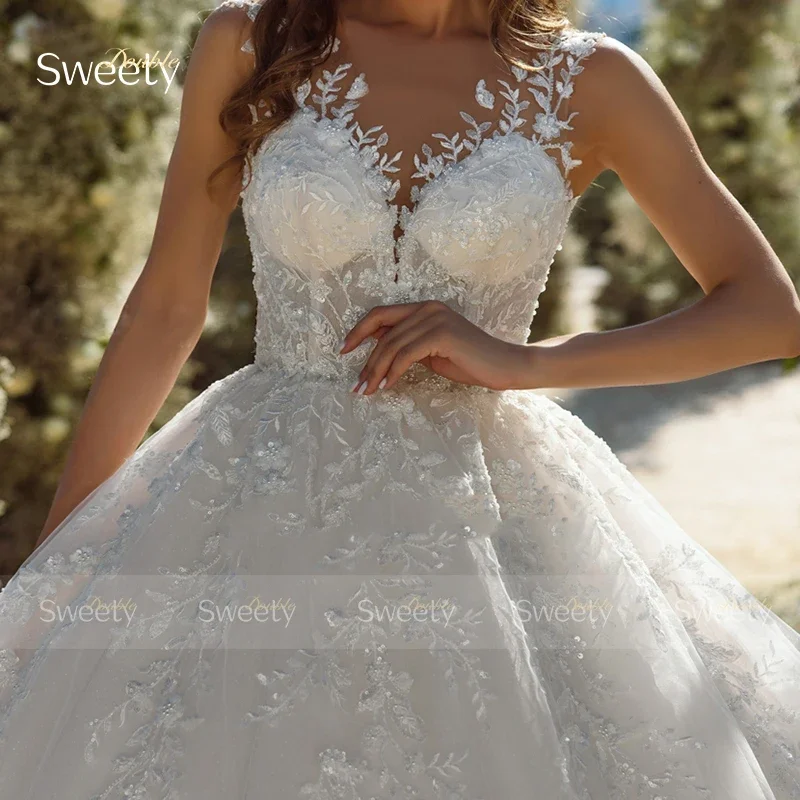 Элегантное свадебное платье с вышитым кружевом на сетке и бальное платье без рукавов с вырезом для свадебного платья на пуговицах Vestido De Casamento по индивидуальному заказу