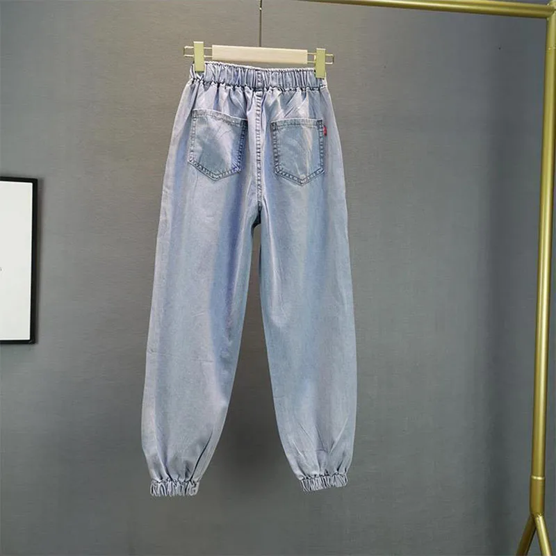2026年夏新作 ハイウエストジーンズ ゆったりとした伸縮性ウエスト ホットプレスダイヤモンドパンツ レディースカジュアルデニムトラウザーズ