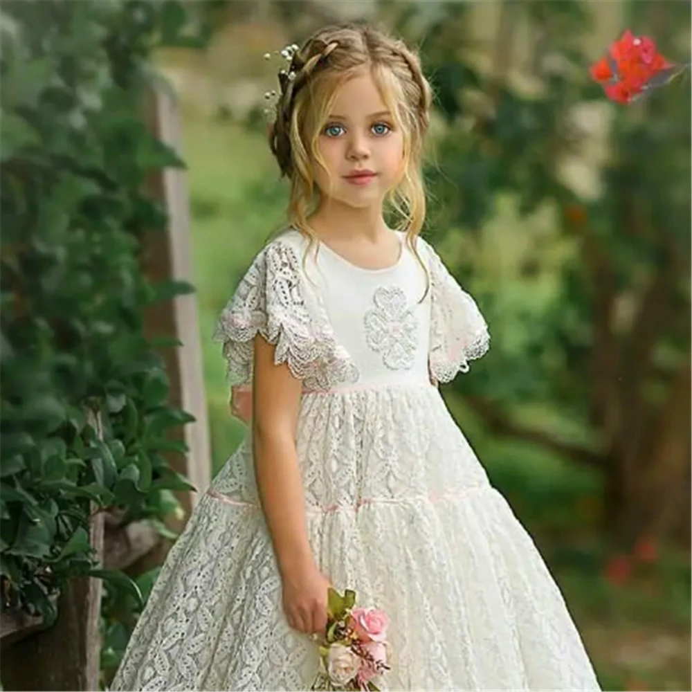 Flower Girl Dress Princess Ball White Short-sleeved Tulle Lace Printing First Communion Dresses Kids Surprise Birthday Present