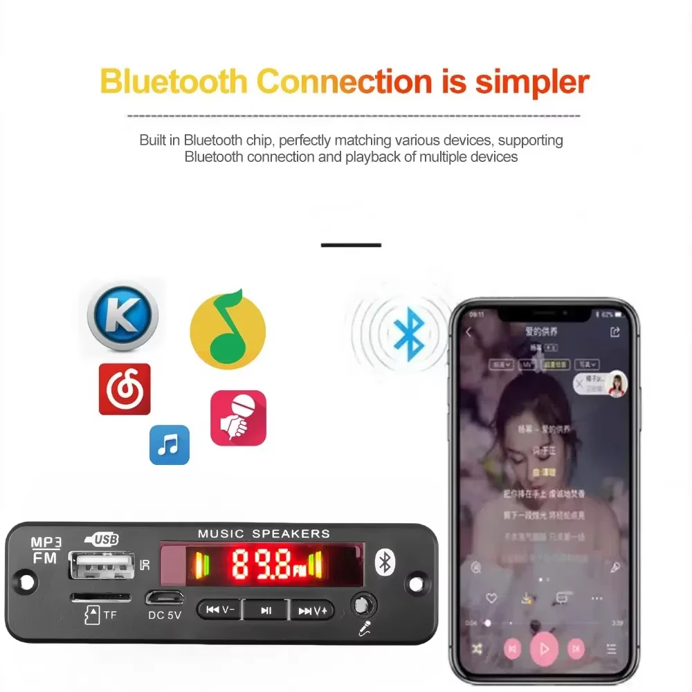 KEBIDU Bluetooth 5.0 MP3 Decoder Board 40W Amplifier Car MP3 Player DC 12V Audio Player Module Radio TF USB AUX Mic Record Call image 6