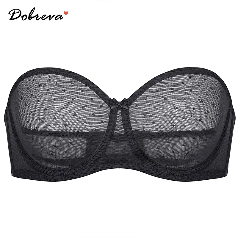 DOBREVA Women's Sexy Strapless Bra See Through Sheer Mesh Underwire Invisible Bras Plus Size Unlined Transparent