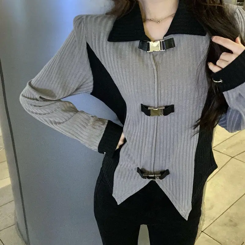 Korean Solid Color Patchwork Shirt Spring Autumn Long Sleeve Women\'s Clothing Commute Polo-Neck Casual Fashion Irregular Blouse