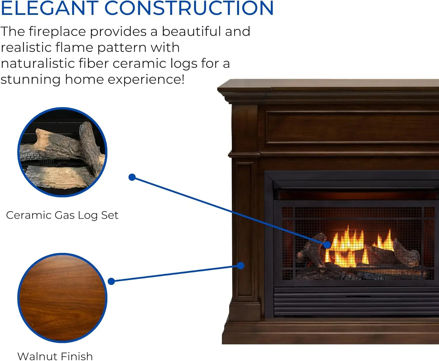 Dual Fuel Ventless Gas Fireplace System with Mantle, Remote Control, 5 Fire Logs, Use with Natural Gas or Liquid Propane