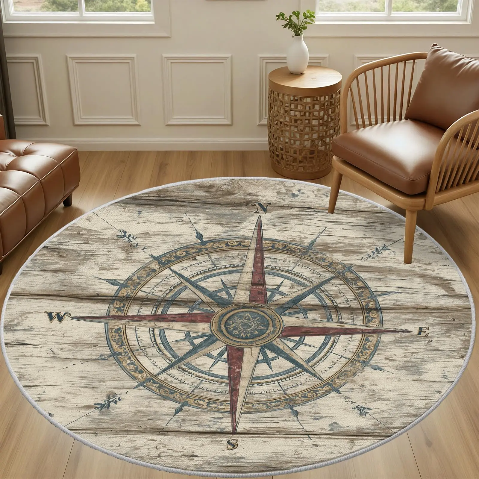 Round Nautical Compass Rug Vintage Wooden Sea Navigation Compass Home  for Coastal Retro Style Room  Decorative Beautification
