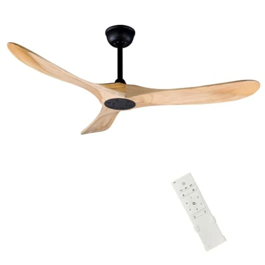 

52 Indoor/Outdoor Wooden Ceiling Fan, 3 Blade DC Ceiling Fan with Remote Control, 2 Downrods, Reversible DC Motor 22W Quiet Ene