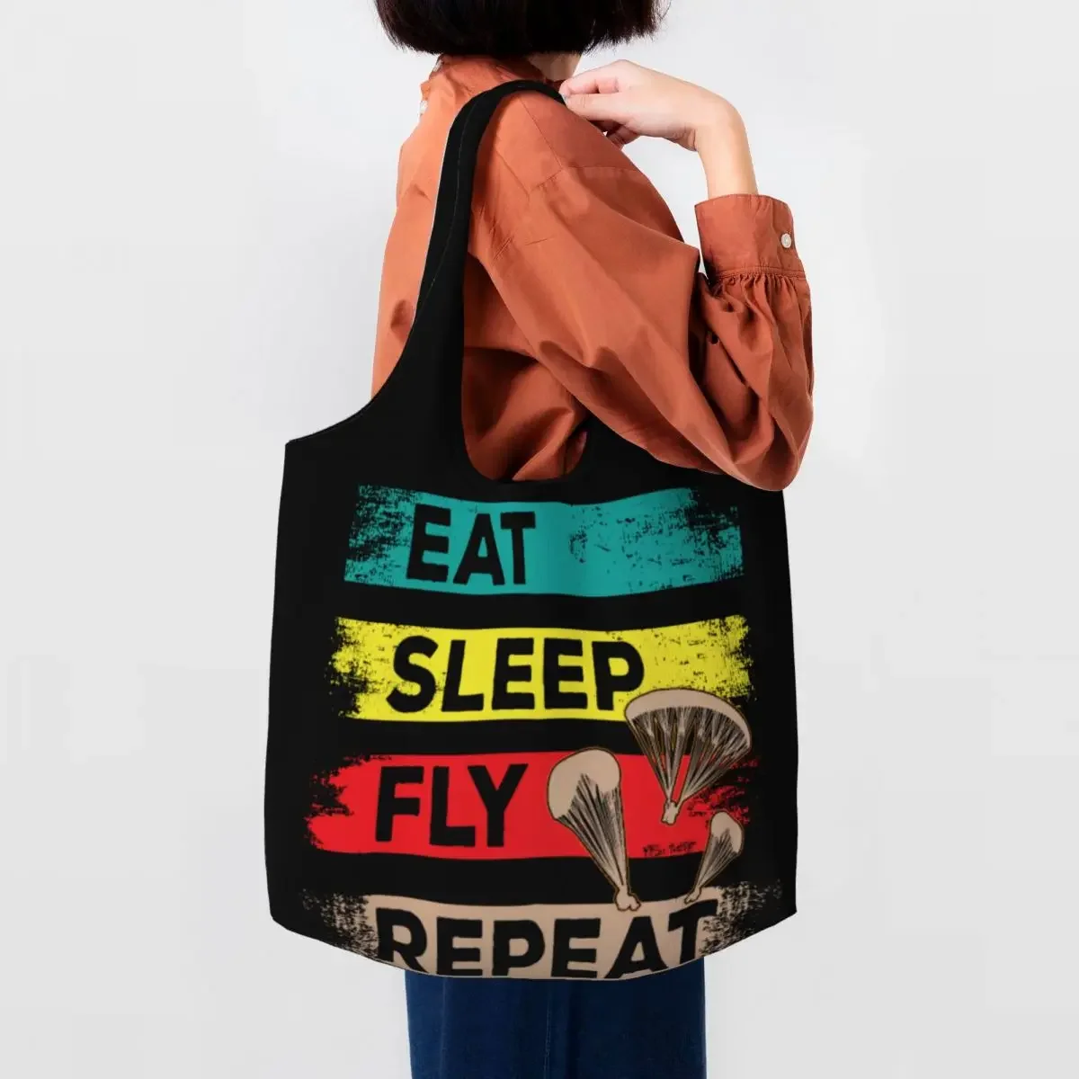 

Funny Printed Paragliding Eat Sleep Fly Repeat Shopping Tote Bags Durable Canvas Shopper Shoulder Paraglider Bags Handbags