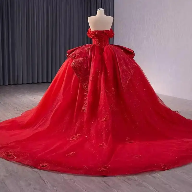 Vestido de quinceañera con apliques de encaje para mujer, vestido rojo de lujo con imagen Real, fiesta de cumpleaños, graduación, 15, 16