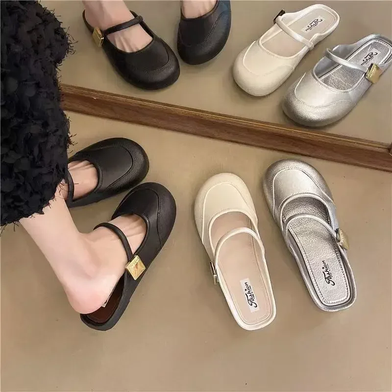 

Womens Soft Bottom Mary Jane Shoes Summer Comfortable Flat Sandals Square Toe PVC Beach Shoes Pure Color Retro French Lazy Shoe