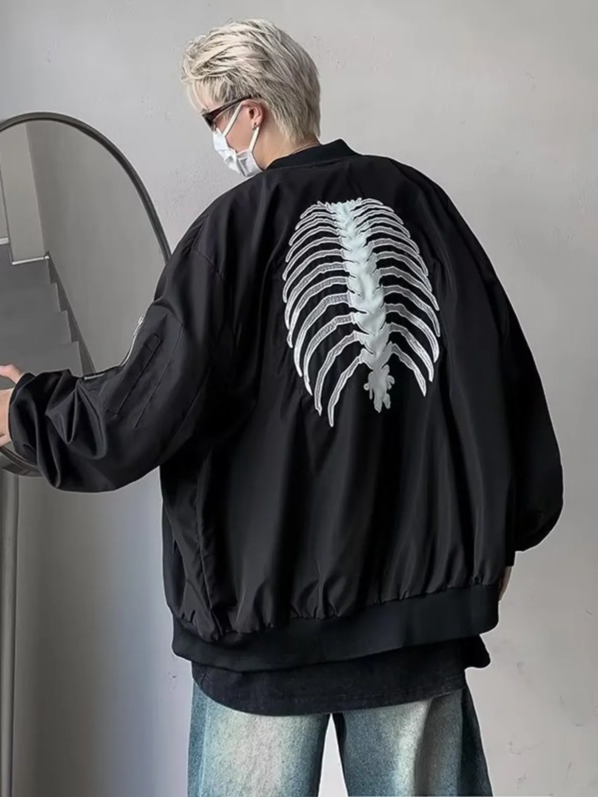 

2023 American High Street Hiphop Skeleton Embroidered Baseball Coat Men's Autumn Fashion Brand Dark Black Pilot Jacket fall