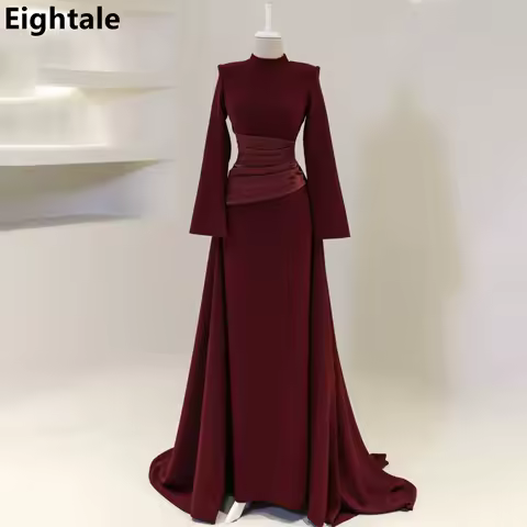 Eightale 2024 Burgundy High Neck Saudi Arabic Long Sleeve Evening Dress For Wedding Party Prom Dress Dubai Party Gown Customized