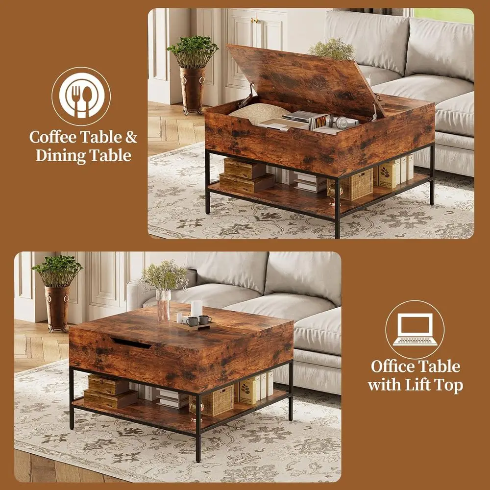 طاولة قهوة مربعة حديثة مع مساحة تخزين قابلة للطي وأرفف لغرفة المعيشة، تتطلب التجميع #4