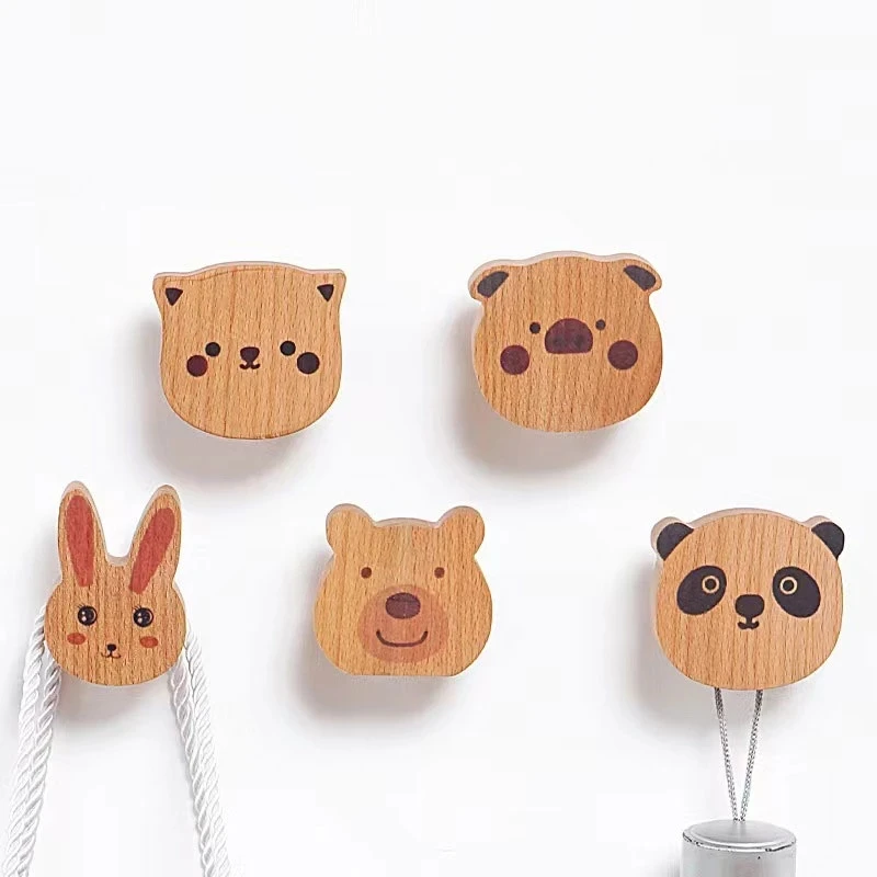 Wooden Cute Animal Coat Hook Solid Wood Holder Clothes Key Decoration Hooks Wall Living Room Door Organizer Rack Adhesive/ Punch