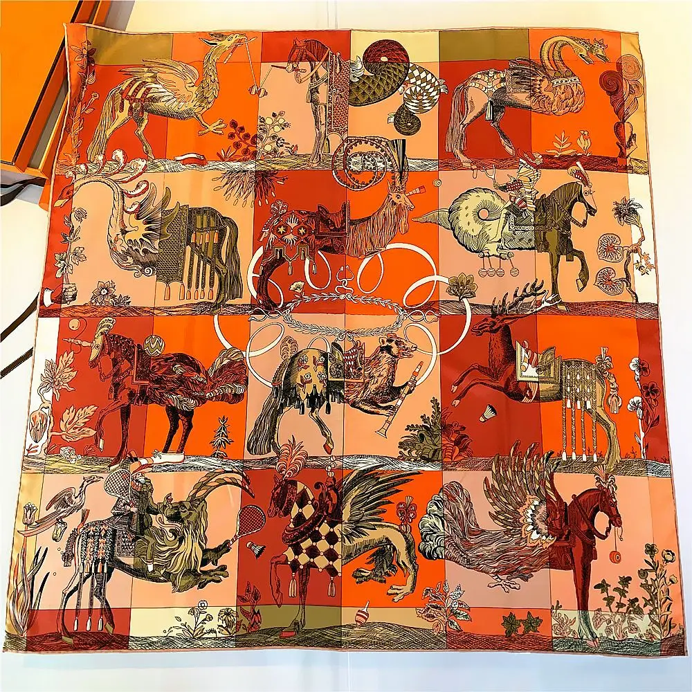 独占 90 センチメートル手巻きエッジ乗馬騎士デザインアニマルプリントレディースツイルスカーフショールホットアイテム