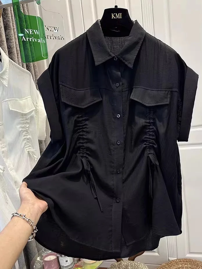 

plus Size Women's Shirt Summer Lightweight Breathable Loose Micro Translucent Drawstring Flip Collar Fly Sleeve Casual Outerwear