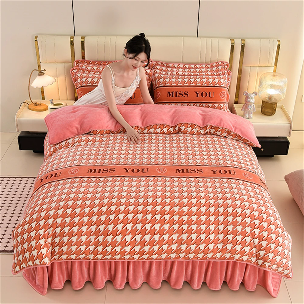 

Winter Warm Bedding Set Soft Milk Velvet Thickened Quilt Cover Pillowcase Bed Sheet Flower Pattern Bedroom Decor Duvet Cover Set