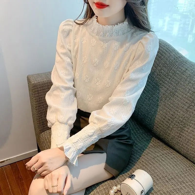 Fashion Lace Pleated Shirt Tops Autumn Winter New Long Sleeve Solid All-match Korean T Shirts Fashion Elegant Women Clothing