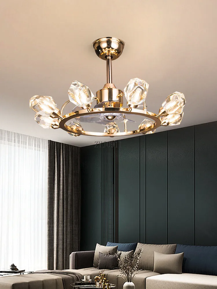 Luxury crystal living room invisible fan light frequency conversion dining room European silent light luxury ceiling fan light