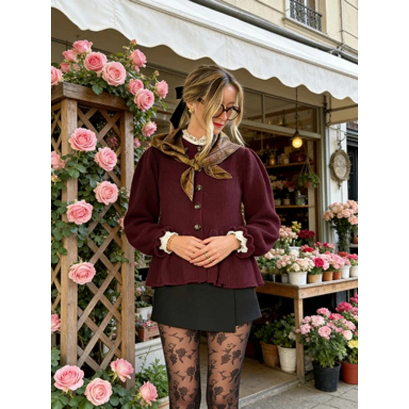 Burgundy Ruffle Patchwork Short Top Women Casual Single Breasted Flared Sleeve Pleated Loose Shirt 2026 Spring Autumn Blouse
