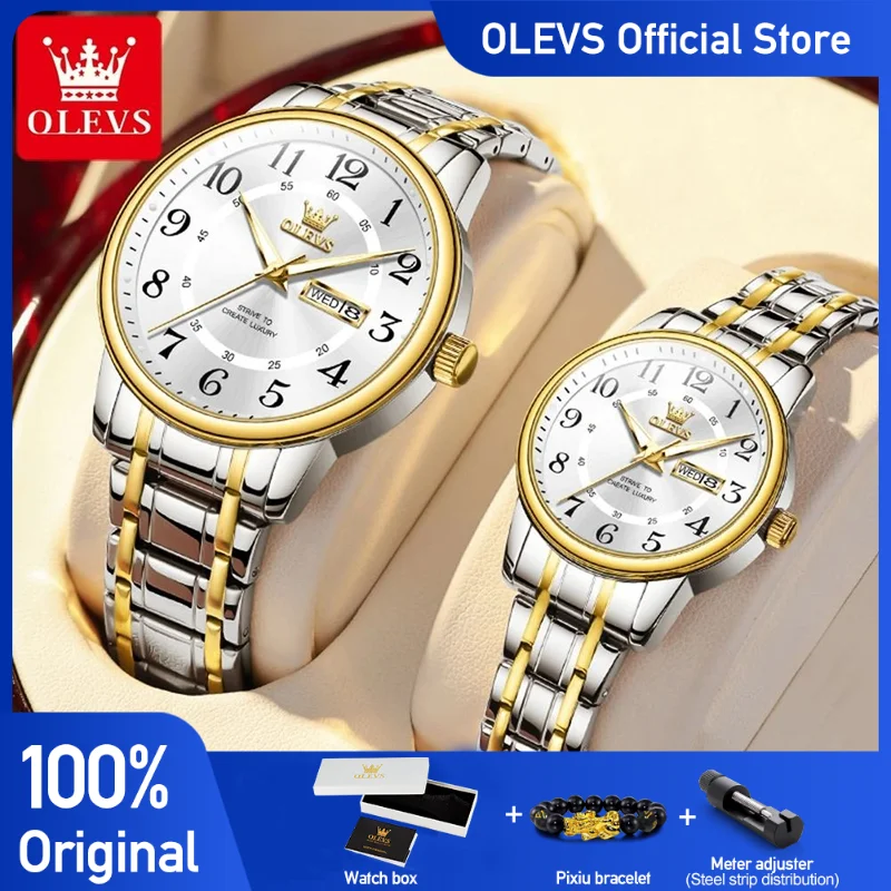 

OLEVS 2891 Часы для пар Деловой бренд Кварцевые часы День Дата Часы с коробкой Подарки Водонепроницаемые светящиеся оригинальные часы Reloj