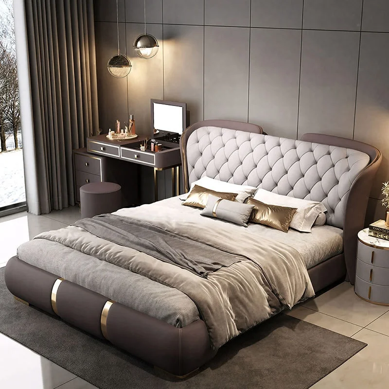 Italian-style Light Luxury Modern Minimalist Leather Bed Storage Solid Wood Frame Disassembly Large Size Wedding Marriage Bed