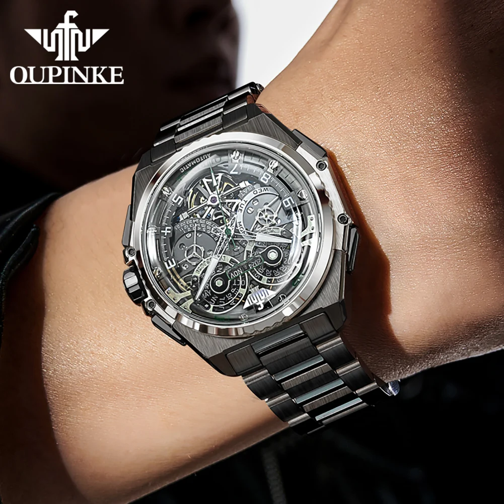 OUPINKE Original Automatic Mechanical Watch for Men Multi-function Tourbillon Skeleton Design Waterproof Luminous Male Watch NEW