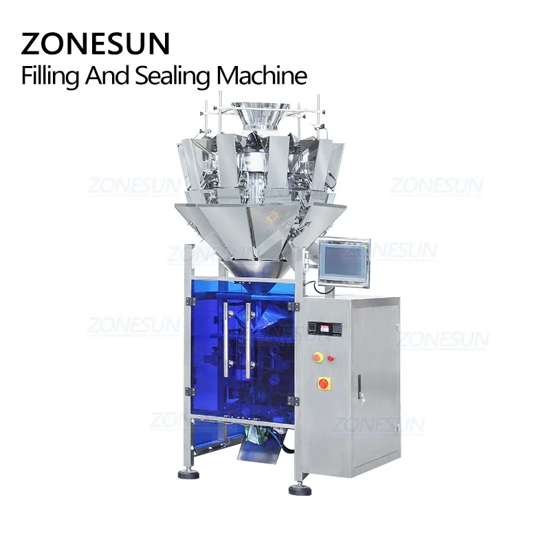 ZONESUN 10 Heads Automatic Chips Granule Biscuit Rice Bag Forming Weighing Filling And Back Sealing Machine