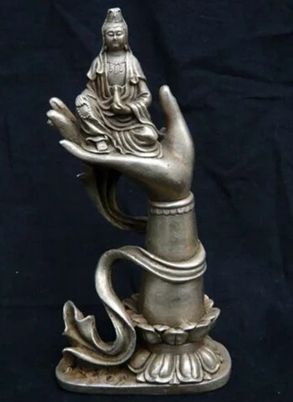 

Copper Brass CHINESE crafts Asian Elaborate Buddhist Tibetan Silver Kwan-Yin Buddha Sitting in Hand Statue