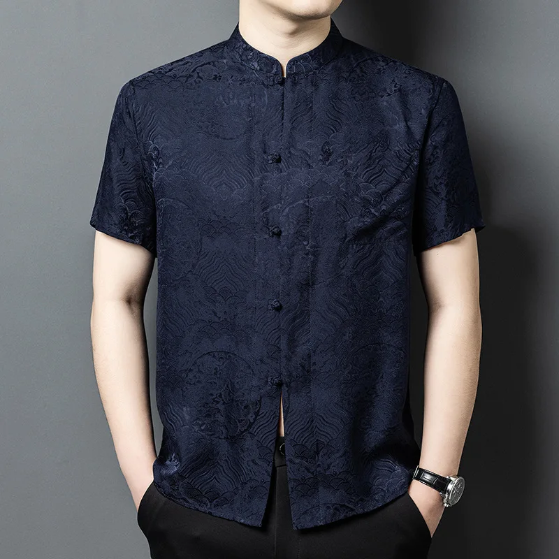 High Quality Real Silk Men's Suit Short Sleeve Shirt Middle-Aged Loose Casual Jacquard Chinese Style Dad Men