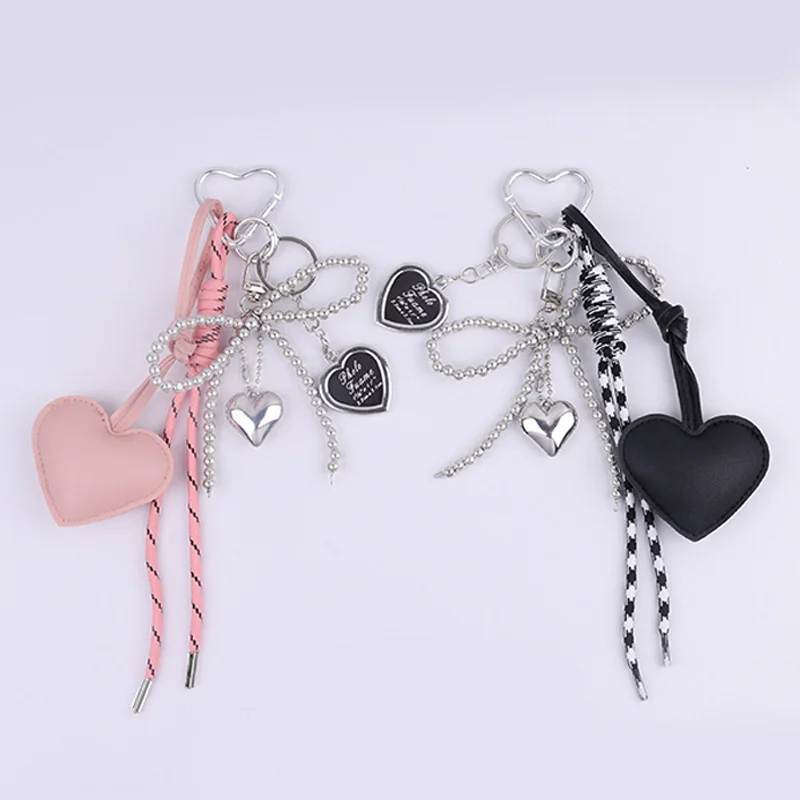 Leather Heart Bow Keychain Delicate Beaded Keyring Car Key Holder Bag Pendant Decoration For Girls Gift