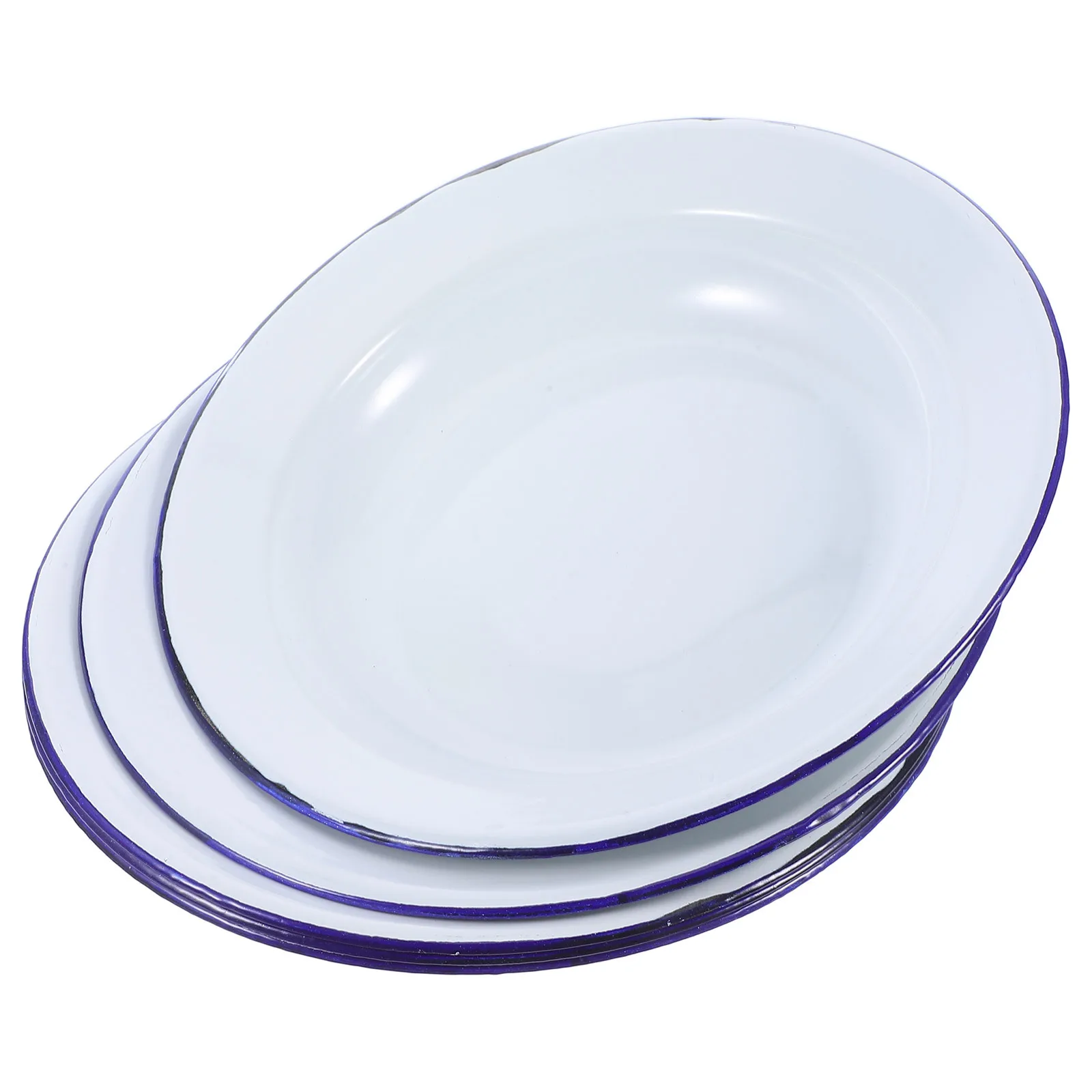 

5Pcs Round Enamel Plates Classic White Blue Rim Easy Clean for Various Occasions Decorative Plates Enamel Dish