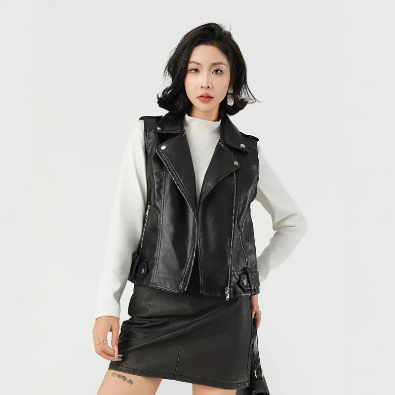 Notched Collar Faux Leather Vest Jacket Zipper Black Solid Short Outerwears Slim Street Stylish 2026 Women‘s New Pu Leather Coat
