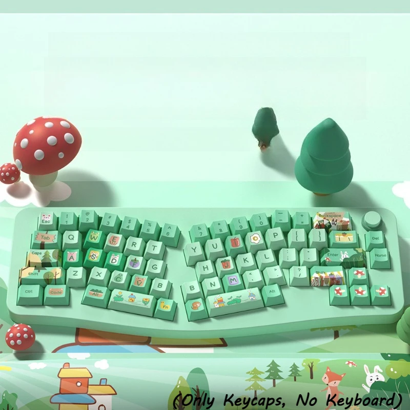 Green Forest Animal MDA PBT Keycaps Five Sides Heat Sublimation Cute Fox Rabbit Mushroom Cartoon Cottagecore 158Keys KeyCap Set
