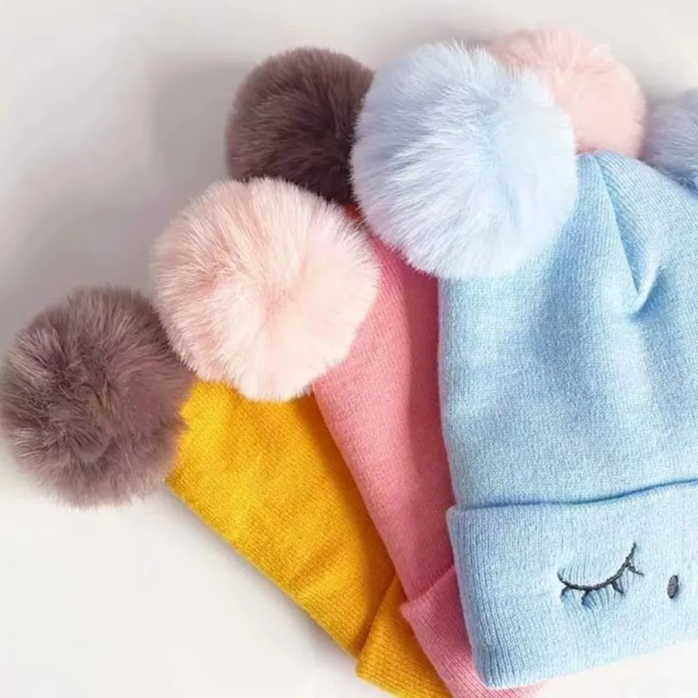 Cute Cotton Wool Knitted Bonnet Pompom Beanie Winter Hat Solid Color 2-piece Set Baby Hat