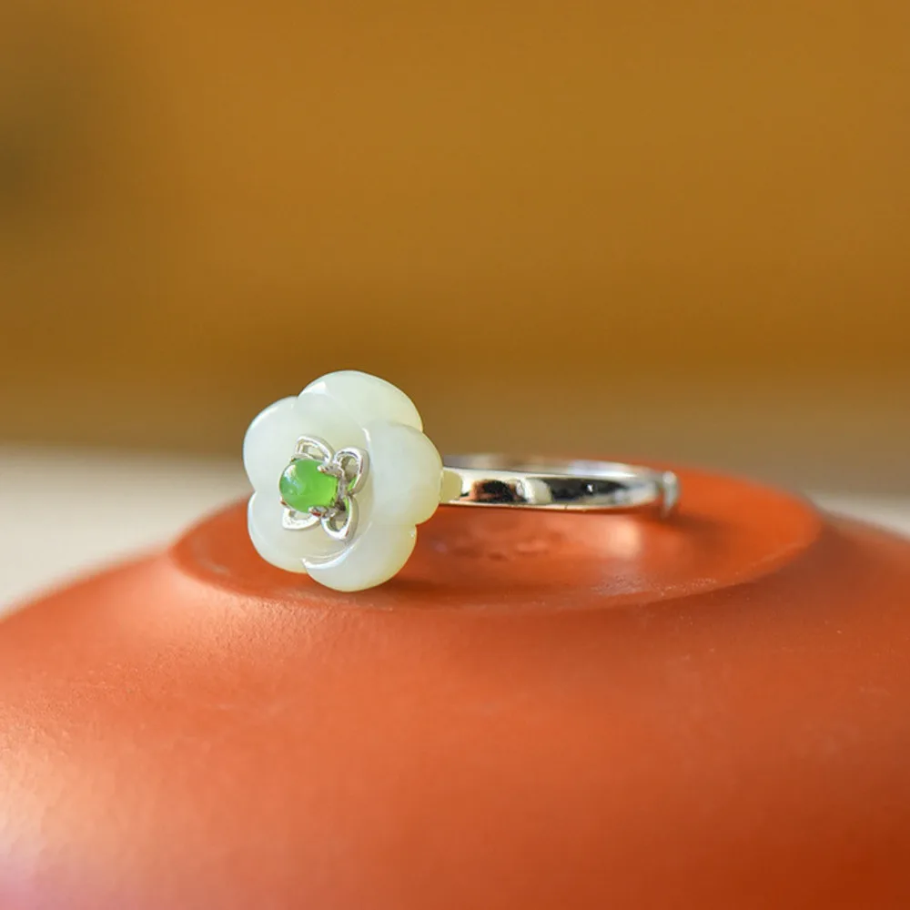 

Кольцо GL из нефрита Хэтянь, винтажное кольцо в китайском стиле с узором «Цветущая слива», регулируемое, из стерлингового серебра 925 пробы, женское