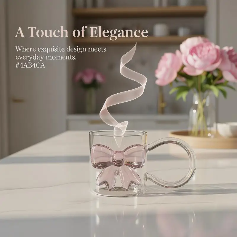 Pink Bow Glass Cup 400ml Large Bow Handle Heat Resistant Borosilicate for Women Office Drinkware