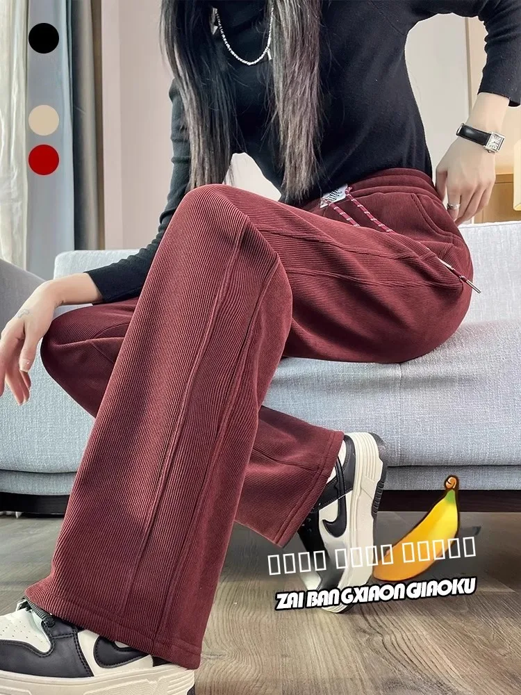 Pantalones anchos de pana roja de Angola, nuevos pantalones casuales rectos y delgados de talla grande para mujer, otoño-invierno