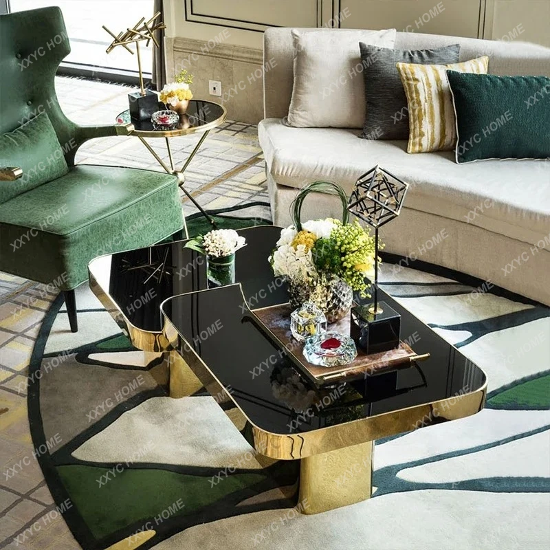 LModern light luxury living room combination coffee table metal rounded corner square high and low tea table