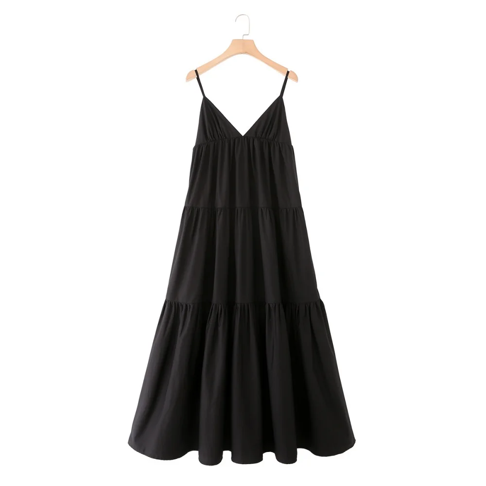 

UNIZERA Women's Splicing V-neck Strap Flute Dress with Chest Makeup for Spring and Summer New Casual Women's Wear