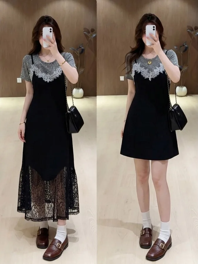 

Elegant Lace Ensemble Summer Fashion plus Size Concealing Slimming Dress Casual Style A-Line Skirt Breathable Skin-Friendly