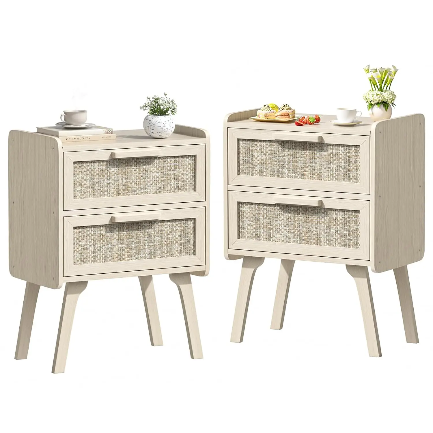 Rattan Nightstand Set of 2, 2 Drawers Bedside End Table with Solid Wood Legs for Bedroom Dorm Small Spaces, Customized